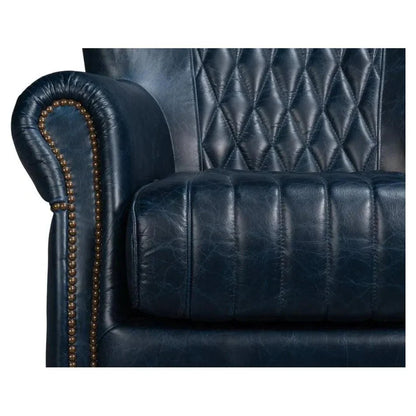 Sarreid Bugatti Wood & Leather Blue Swivel Arm Chair