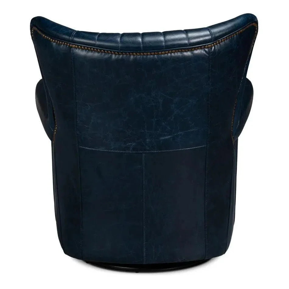 Sarreid Bugatti Wood & Leather Blue Swivel Arm Chair