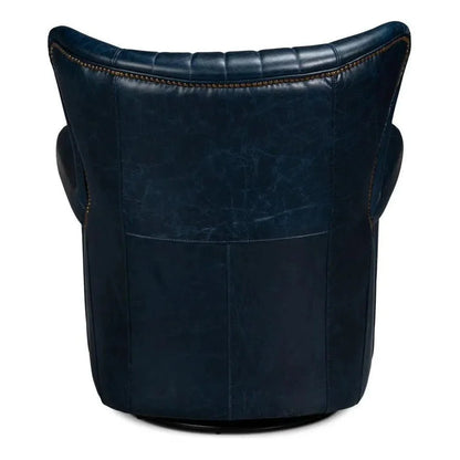 Sarreid Bugatti Wood & Leather Blue Swivel Arm Chair