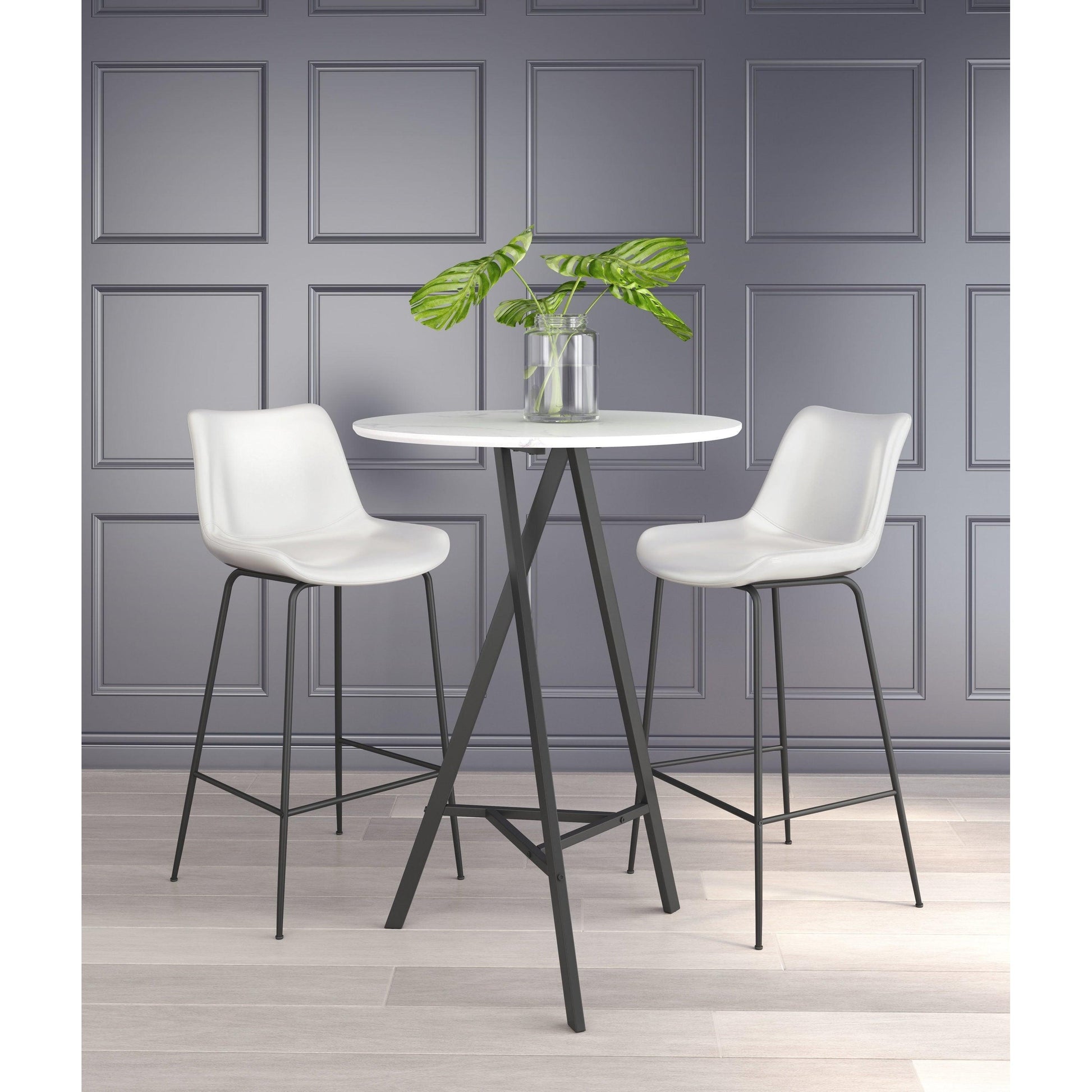 Byron Bar Chair White - Sideboards and Things Accents_Black, Back Type_Full Back, Back Type_With Back, Brand_Zuo Modern, Color_Black, Color_White, Depth_20-30, Height_40-50, Materials_Metal, Materials_Upholstery, Metal Type_Steel, Product Type_Bar Height, Seat Material_Upholstery, Shape_Armless, Upholstery Type_Leather, Upholstery Type_Vegan Leather, Width_20-30