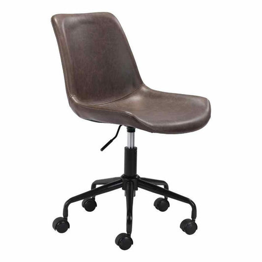 Byron Office Chair Brown - Sideboards and Things Accents_Black, Brand_Zuo Modern, Color_Black, Color_Brown, Depth_20-30, Features_Adjustable Height, Features_Swivel, Finish_Powder Coated, Height_30-40, Materials_Metal, Materials_Upholstery, Metal Type_Steel, Upholstery Type_Leather, Upholstery Type_Vegan Leather, Width_20-30