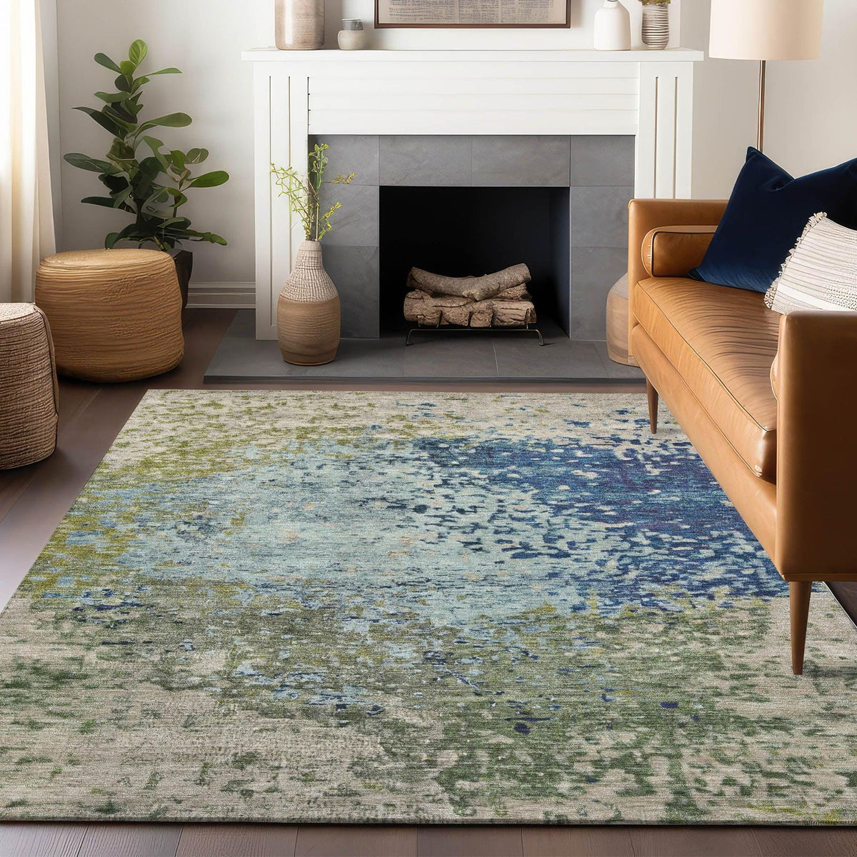 Iriain Blue Washable Indoor-Outdoor Rug -- blue