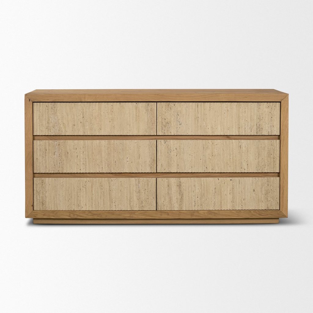 Travona 59"W Oak Wood & Travertine 6-Drawer Dresser -- Light Brown