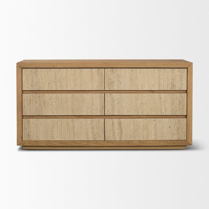 Travona 59"W Oak Wood & Travertine 6-Drawer Dresser -- Light Brown