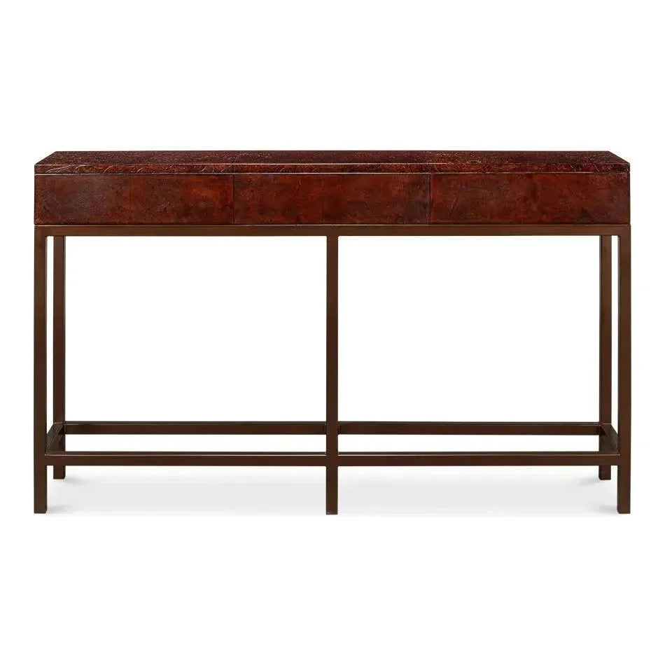 Campaign Embossed Console Table Drawers Brown Leather - LOOMLAN - Sarreid - Console Tables
