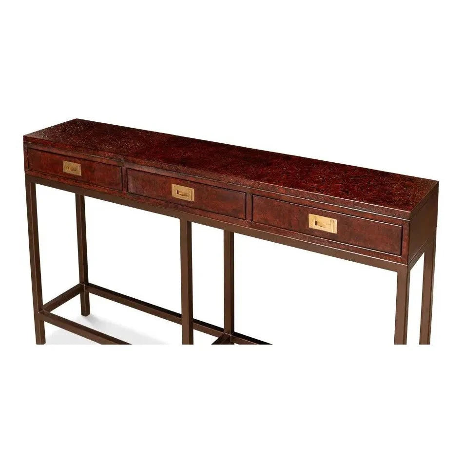 Campaign Embossed Console Table Drawers Brown Leather - LOOMLAN - Sarreid - Console Tables