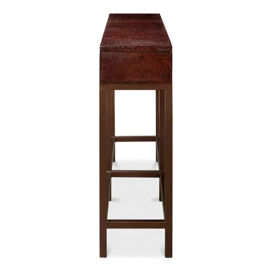 Campaign Embossed Console Table Drawers Brown Leather - LOOMLAN - Sarreid - Console Tables