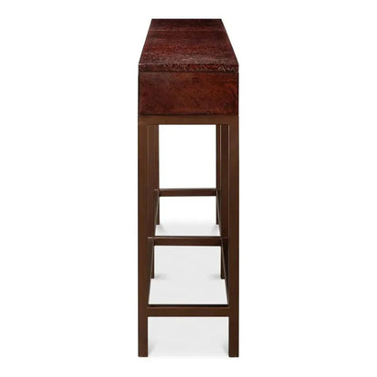 Campaign Embossed Console Table Drawers Brown Leather - LOOMLAN - Sarreid - Console Tables