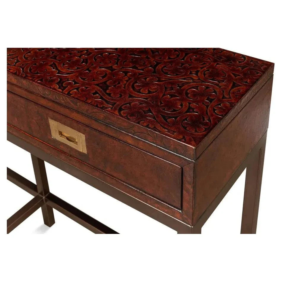 Campaign Embossed Console Table Drawers Brown Leather - LOOMLAN - Sarreid - Console Tables