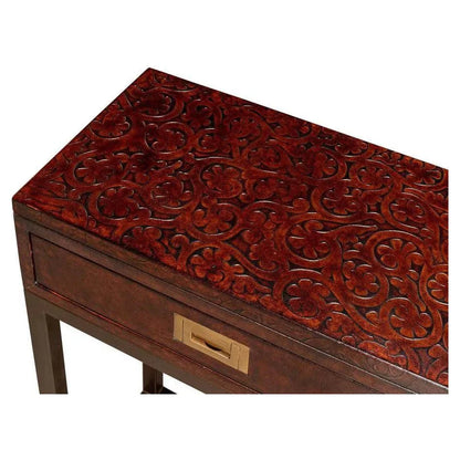 Campaign Embossed Console Table Drawers Brown Leather - LOOMLAN - Sarreid - Console Tables