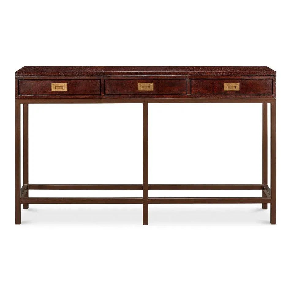Campaign Embossed Console Table Drawers Brown Leather - LOOMLAN - Sarreid - Console Tables