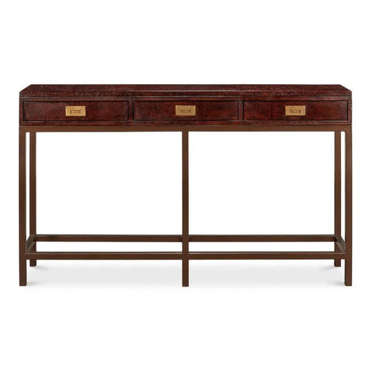 Sarreid Campaign Embossed Console Table Drawers Brown Leather
