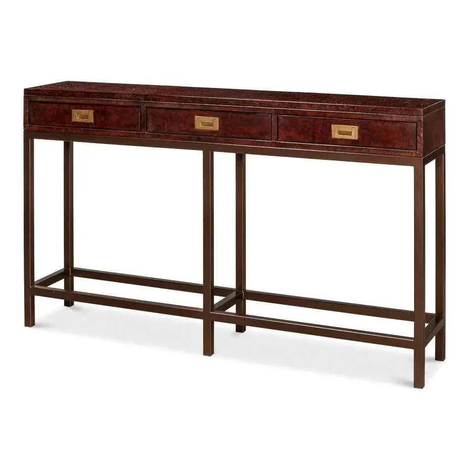 Campaign Embossed Console Table Drawers Brown Leather - LOOMLAN - Sarreid - Console Tables