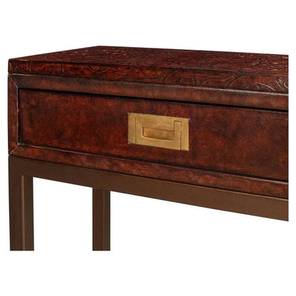 Campaign Embossed Console Table Drawers Brown Leather - LOOMLAN - Sarreid - Console Tables