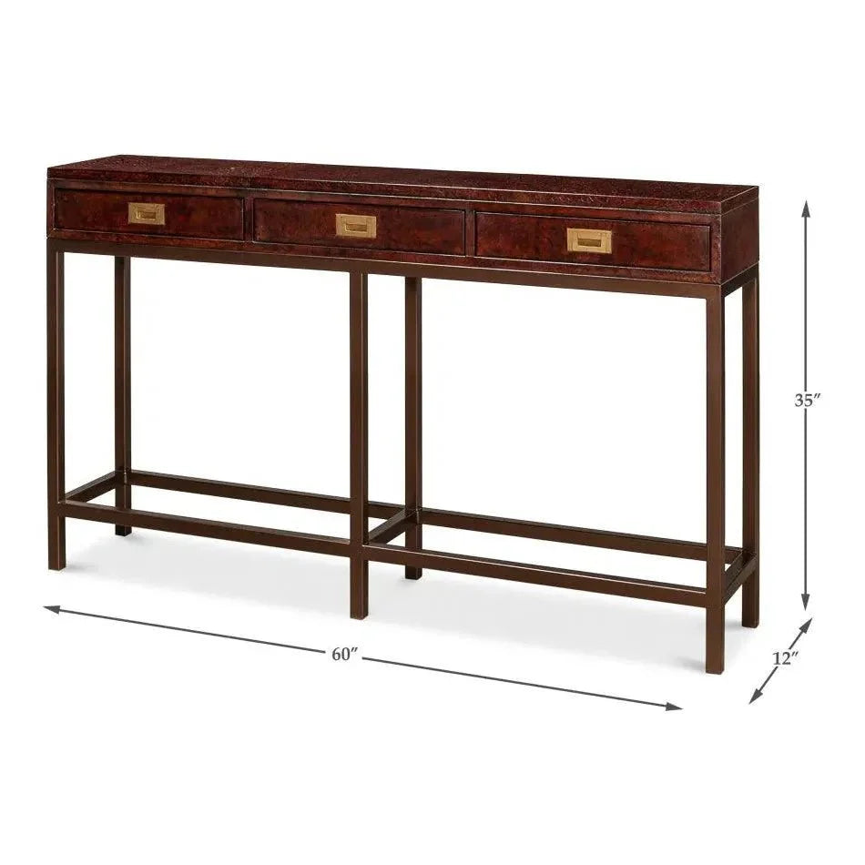 Campaign Embossed Console Table Drawers Brown Leather - LOOMLAN - Sarreid - Console Tables