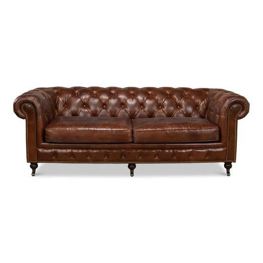 Sarreid 89" Castered Chesterfield Leather Sofa