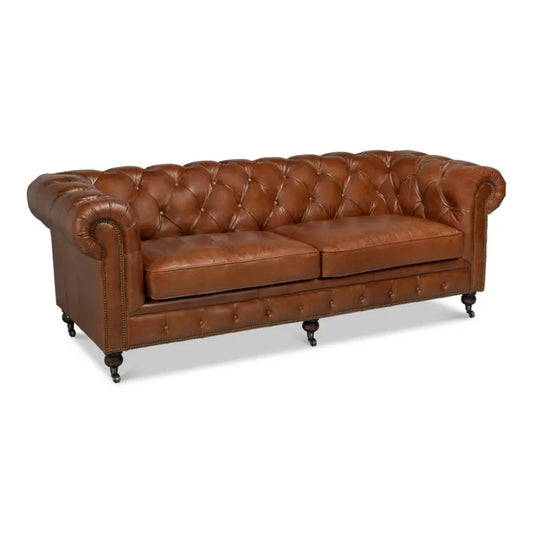 Sarreid 89" Castered Chesterfield Leather Sofa