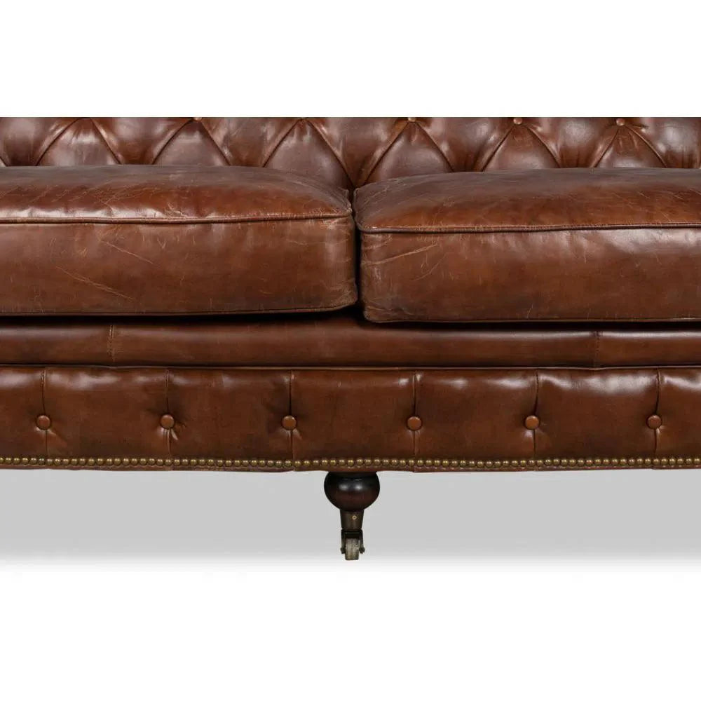 Castered Chesterfield Leather Sofa 89" - LOOMLAN - Sarreid - Sofas & Loveseats