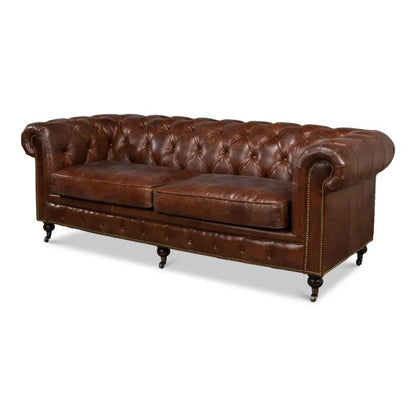 Castered Chesterfield Leather Sofa 89" - LOOMLAN - Sarreid - Sofas & Loveseats
