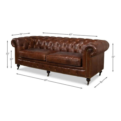 Castered Chesterfield Leather Sofa 89" - LOOMLAN - Sarreid - Sofas & Loveseats