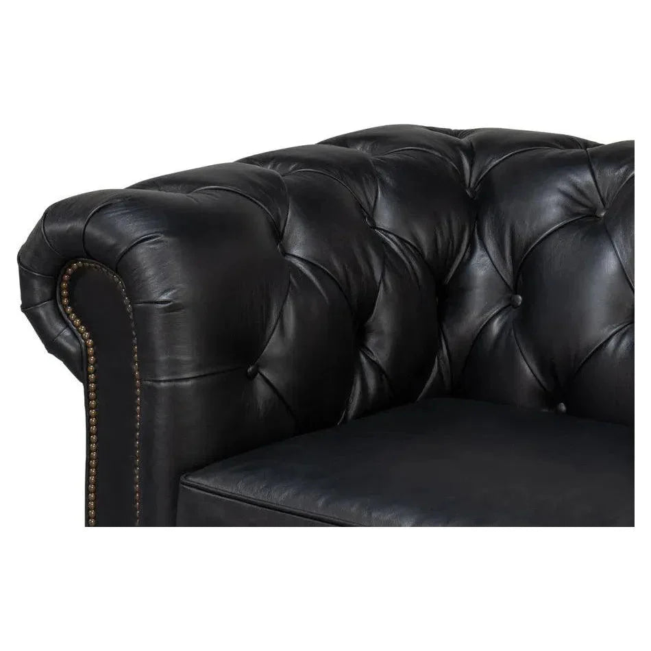Castered Chesterfield Wood Onyx Black Sofa - LOOMLAN - Sarreid - Sofas & Loveseats