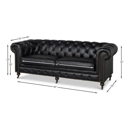 Castered Chesterfield Wood Onyx Black Sofa - LOOMLAN - Sarreid - Sofas & Loveseats