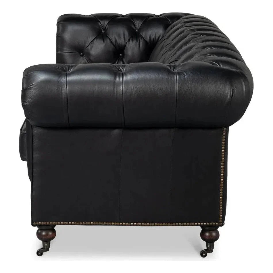 Castered Chesterfield Wood Onyx Black Sofa - LOOMLAN - Sarreid - Sofas & Loveseats