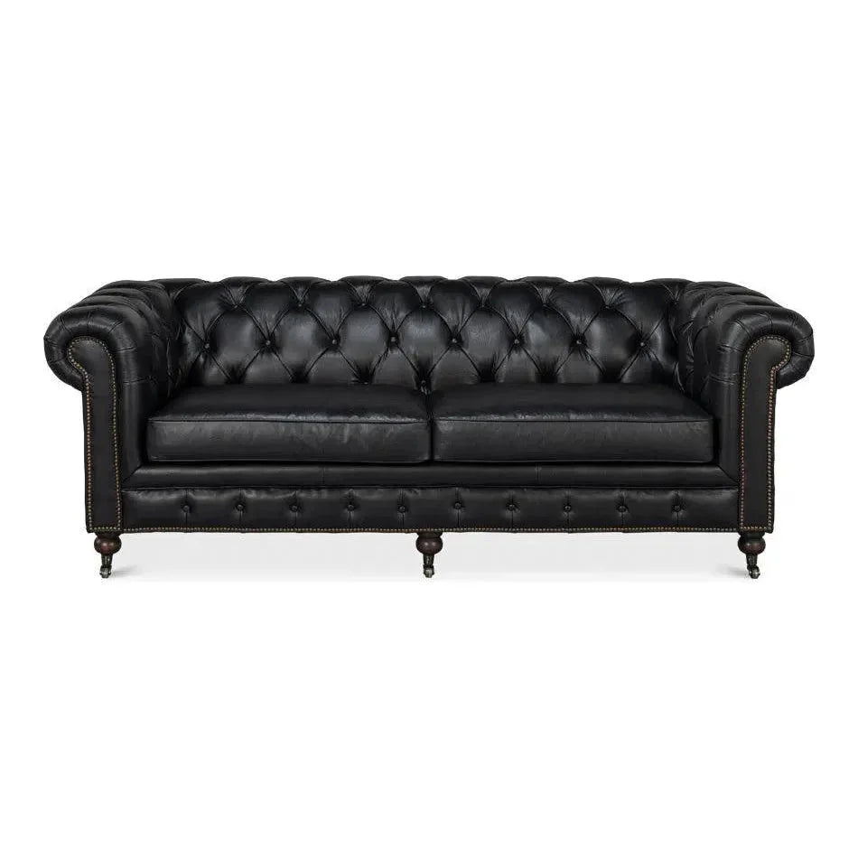 Castered Chesterfield Wood Onyx Black Sofa - LOOMLAN - Sarreid - Sofas & Loveseats