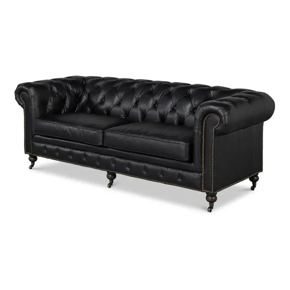 Castered Chesterfield Wood Onyx Black Sofa - LOOMLAN - Sarreid - Sofas & Loveseats