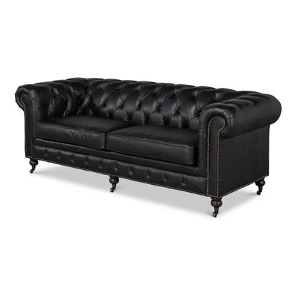 Castered Chesterfield Wood Onyx Black Sofa - LOOMLAN - Sarreid - Sofas & Loveseats