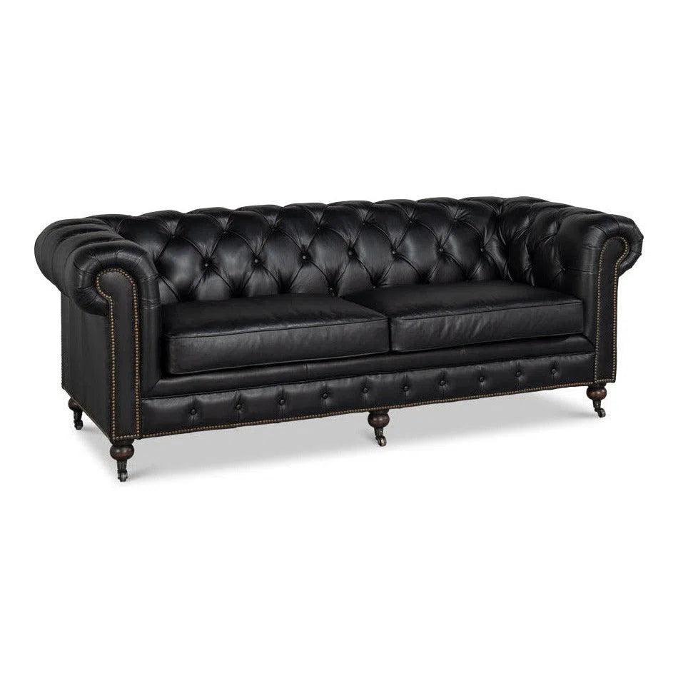 Castered Chesterfield Wood Onyx Black Sofa - LOOMLAN - Sarreid - Sofas & Loveseats
