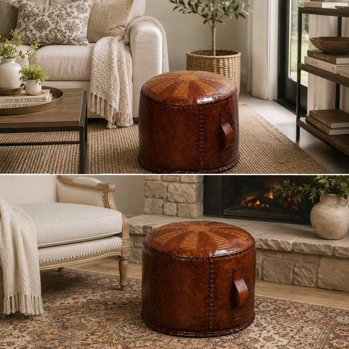 Sol Leather Round Pouf - view 3