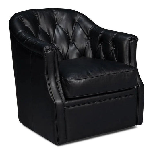 Sarreid Coolidge Leather Black Swivel Arm Chair