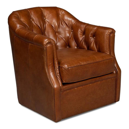 Sarreid Coolidge Leather Brown Swivel Arm Chair