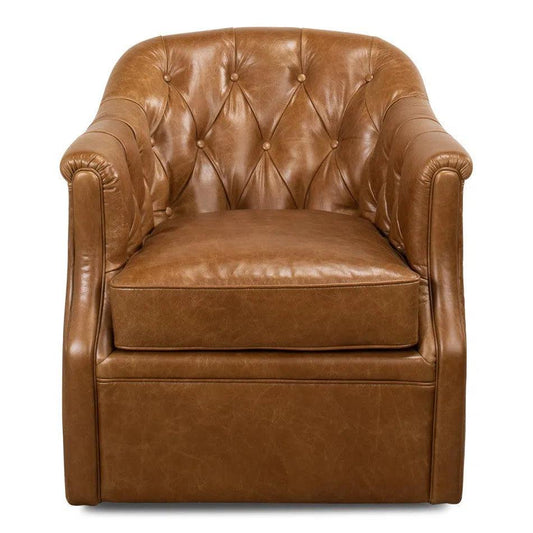 Sarreid Coolidge Leather Swivel Club Chair Cuba Brown