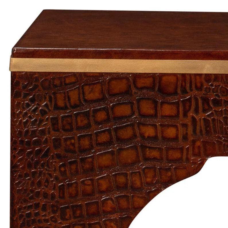 Croco Embossed Burgundy Red Leather Foot Stool - LOOMLAN - Sarreid - Poufs and Stools