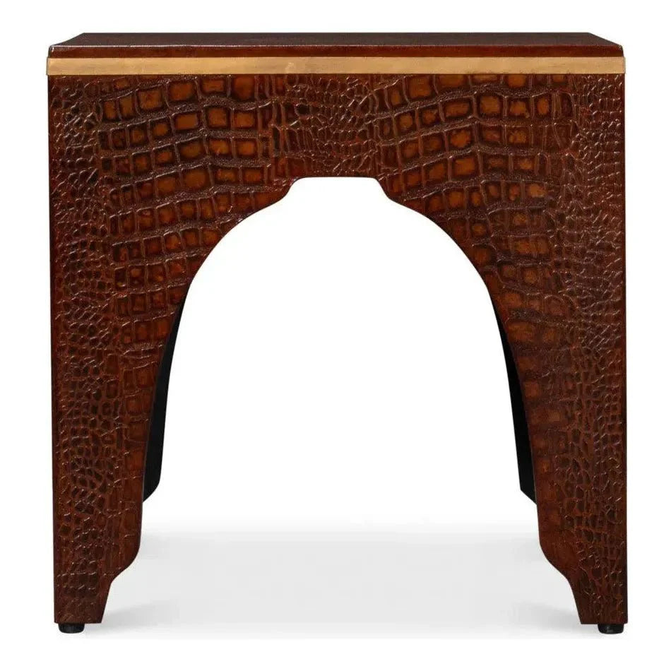 Croco Embossed Burgundy Red Leather Foot Stool - LOOMLAN - Sarreid - Poufs and Stools