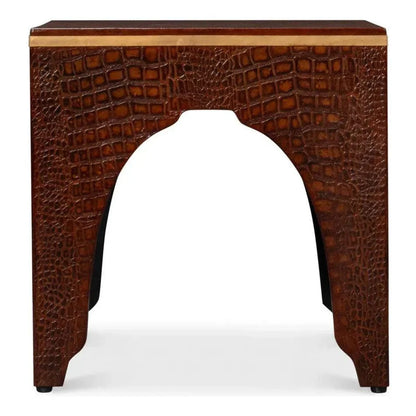 Croco Embossed Burgundy Red Leather Foot Stool - LOOMLAN - Sarreid - Poufs and Stools