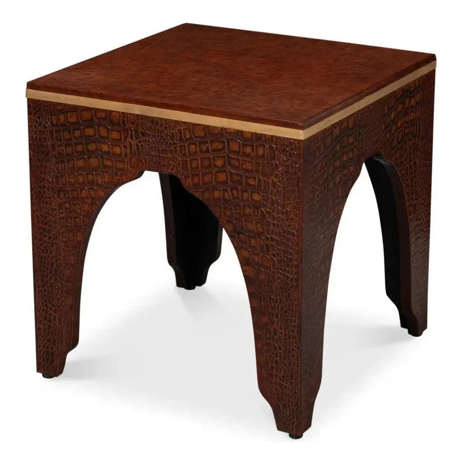 Croco Embossed Burgundy Red Leather Foot Stool - LOOMLAN - Sarreid - Poufs and Stools