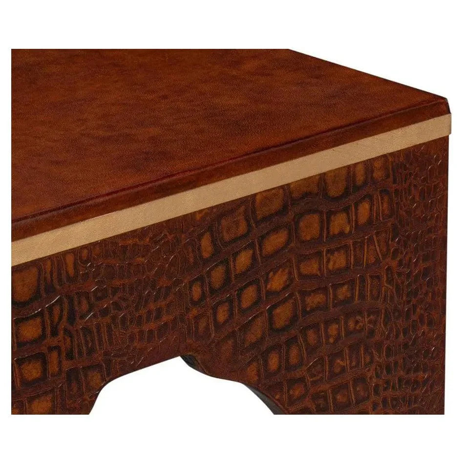 Croco Embossed Burgundy Red Leather Foot Stool - LOOMLAN - Sarreid - Poufs and Stools