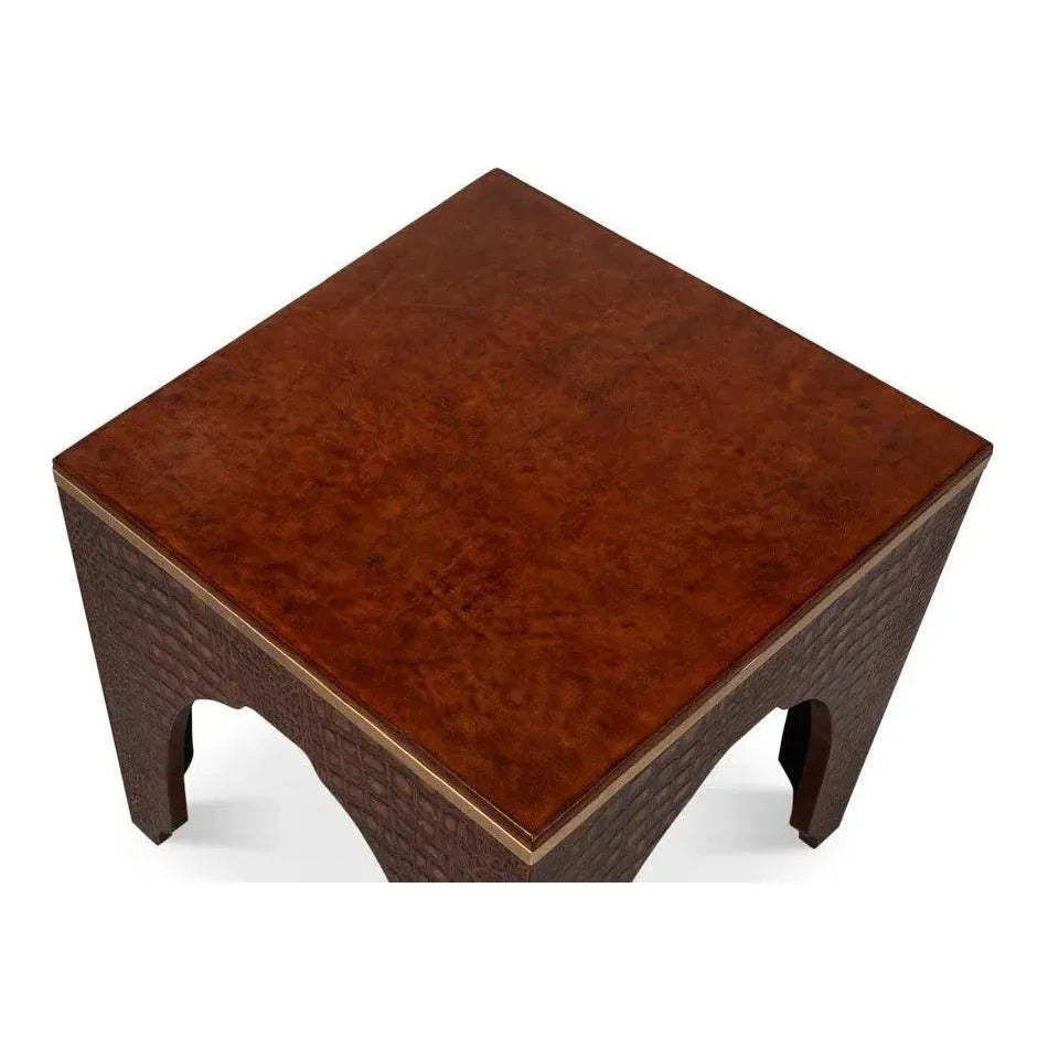 Croco Embossed Burgundy Red Leather Foot Stool - LOOMLAN - Sarreid - Poufs and Stools