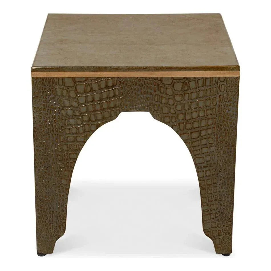 Croco Embossed Leather Brown Stool - LOOMLAN - Sarreid - Poufs and Stools