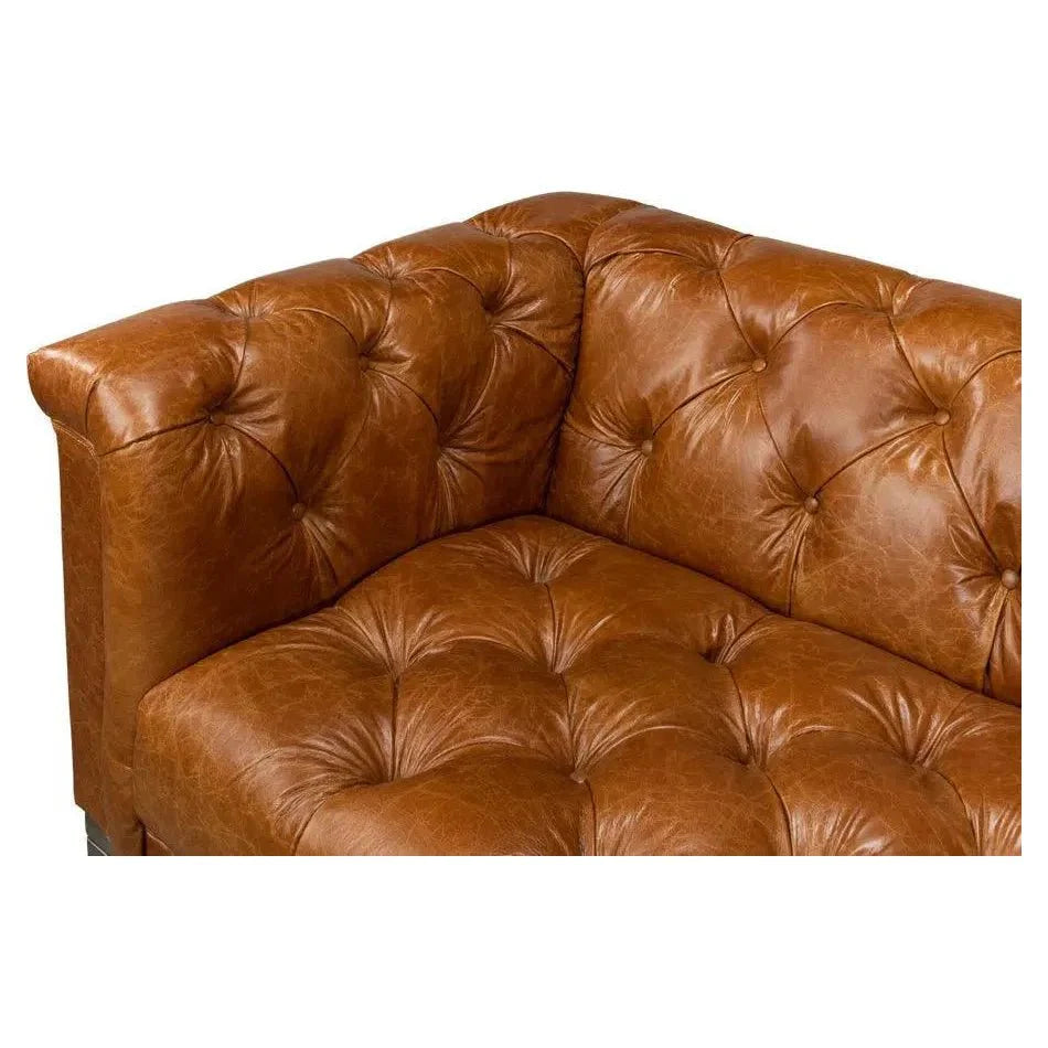 Cuba Brown Leather Chesterfield Bench Seat Couch - LOOMLAN - Sarreid - Sofas & Loveseats