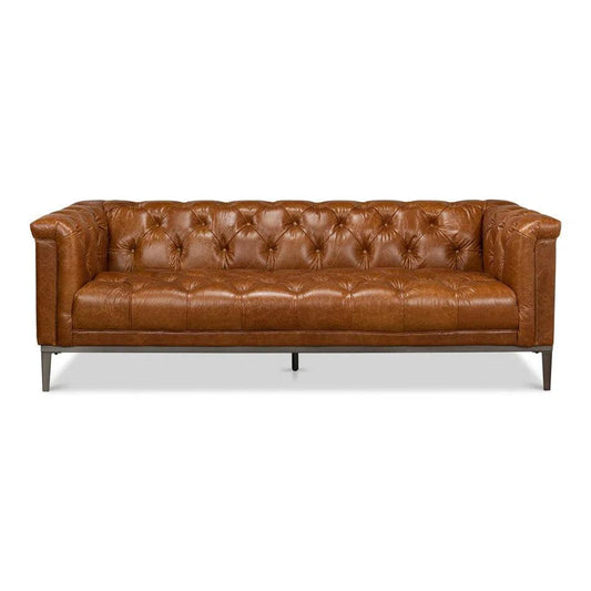 Sarreid Cuba Brown Leather Chesterfield Bench Seat Couch