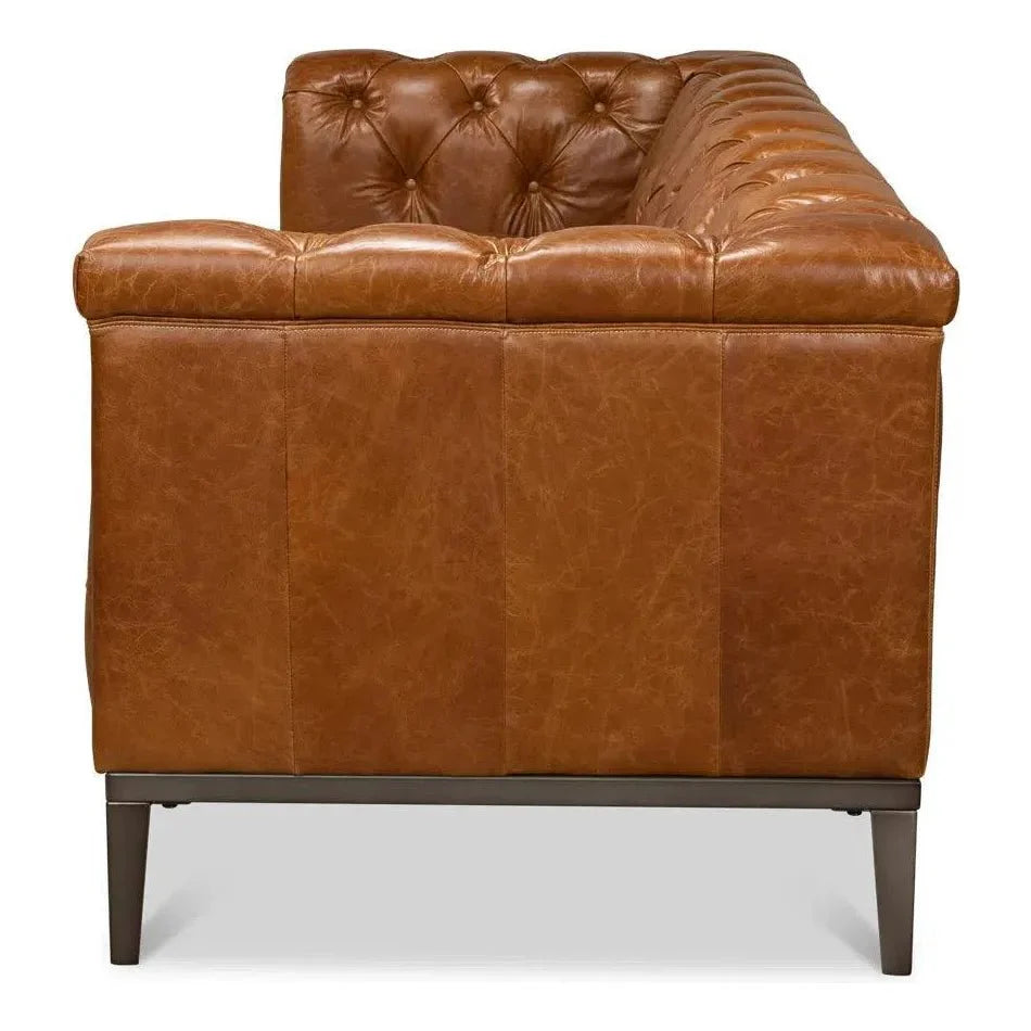 Cuba Brown Leather Chesterfield Bench Seat Couch - LOOMLAN - Sarreid - Sofas & Loveseats