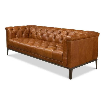 Cuba Brown Leather Chesterfield Bench Seat Couch - LOOMLAN - Sarreid - Sofas & Loveseats