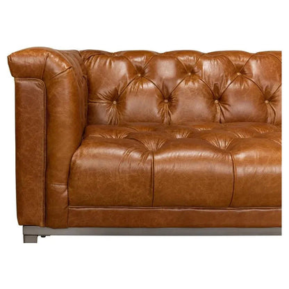 Cuba Brown Leather Chesterfield Bench Seat Couch - LOOMLAN - Sarreid - Sofas & Loveseats