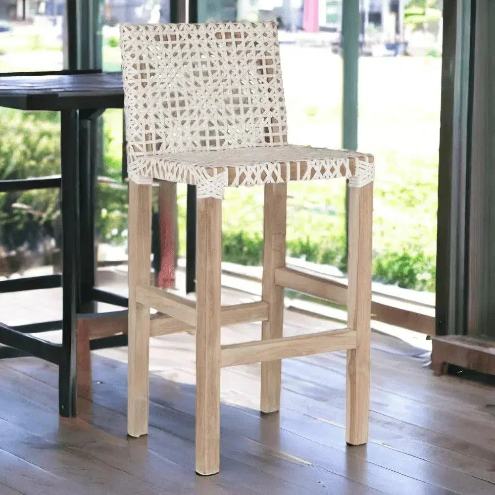 Lulua White Leather Counter Stool Teak Wood -- view 2