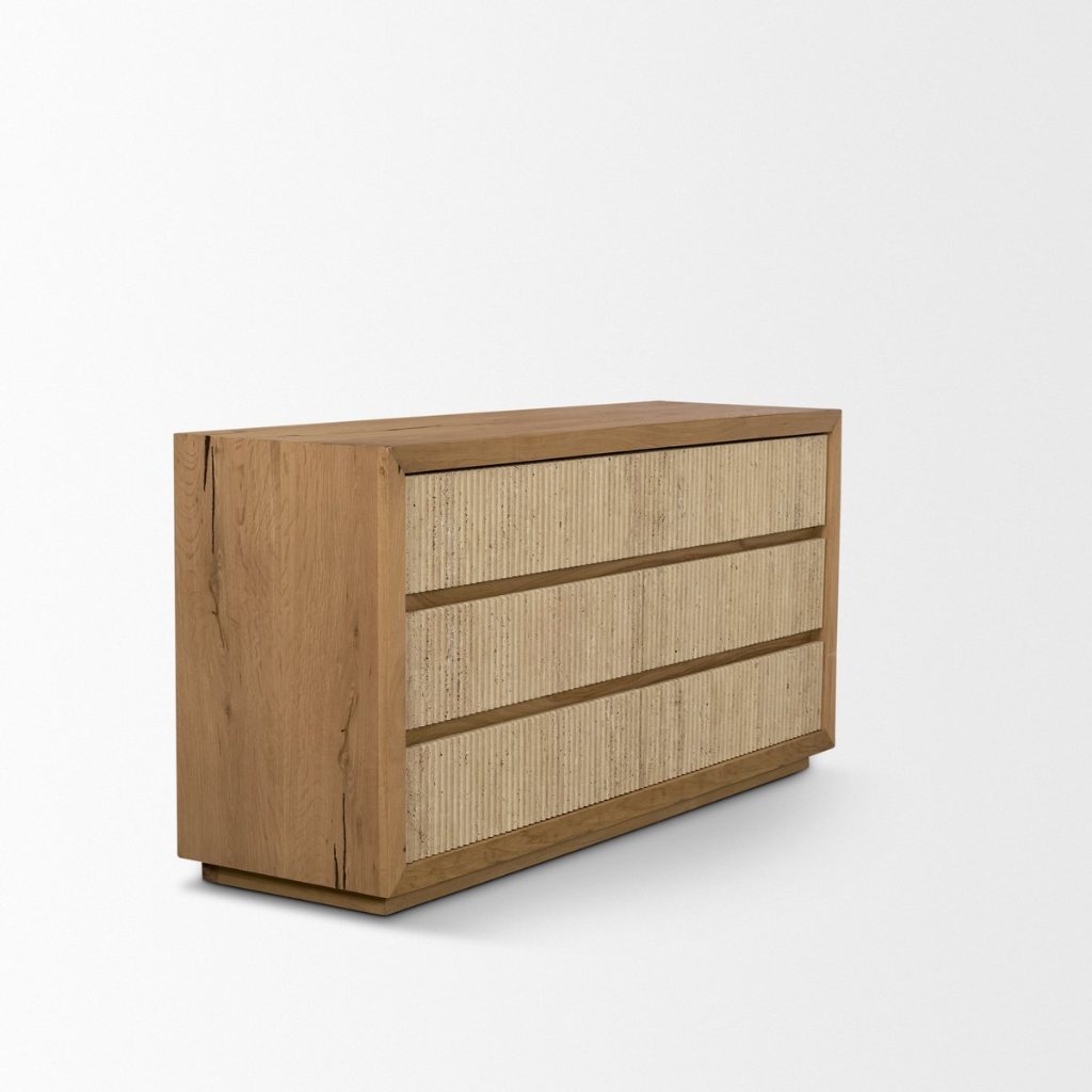 Travona 59"W Oak Wood & Travertine 6-Drawer Dresser -- Light Brown