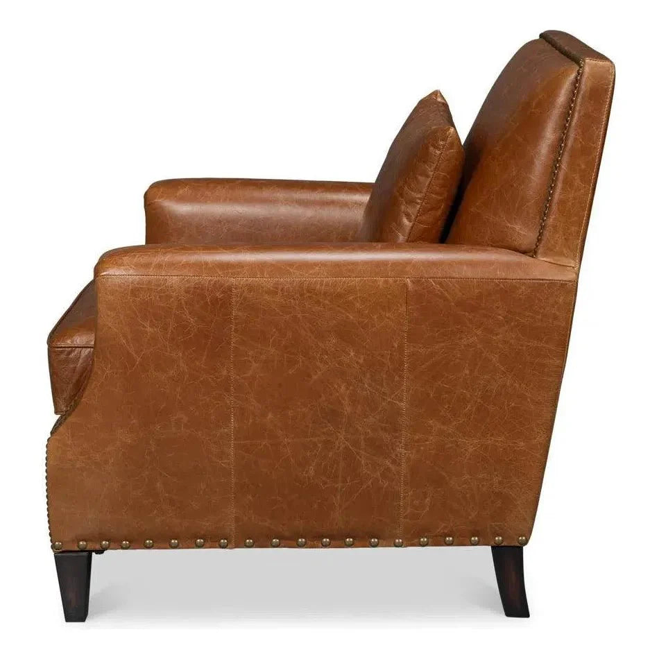 Dimity Distilled Leather & Wood Brown Arm Chair - LOOMLAN - Sarreid - Club Chairs